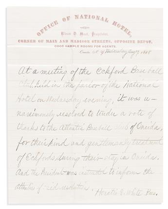 (SPORTS--BASEBALL.) Correspondence of an early baseball club secretary from Oneida, New York.                                                    